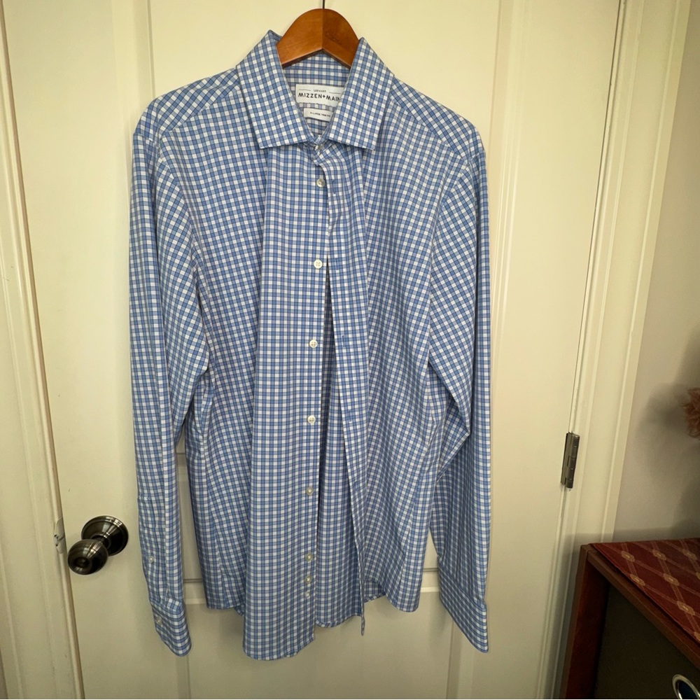 Mizzen+Main Men's Performance Shirt Blue Alexander Checkered Shirt XL Trim Fit - Picture 2 of 14